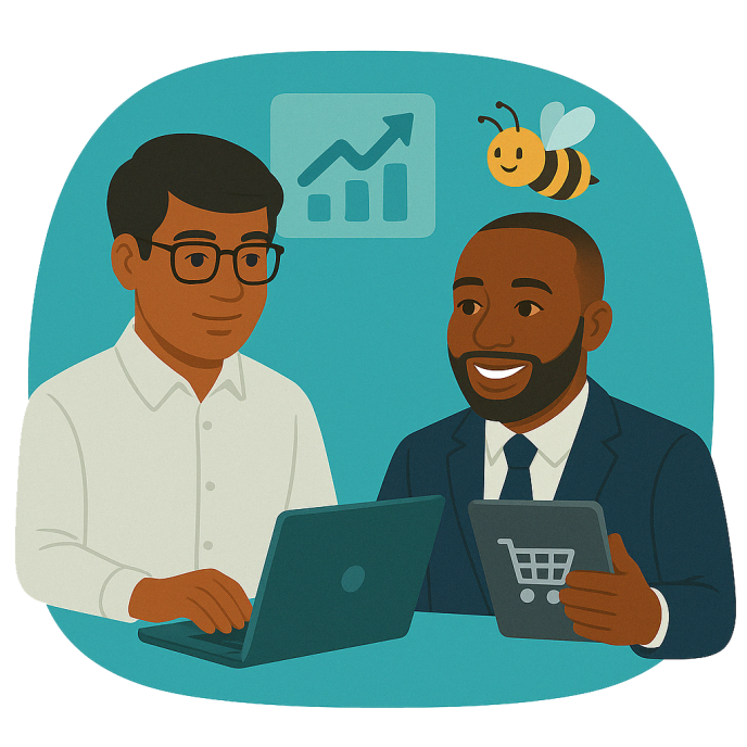 ecommerce image of two men with a bee buzzing and laptops showing a shopping cart on them