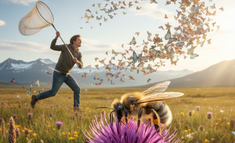 man chasing butterflies with bee on flower in the foreground