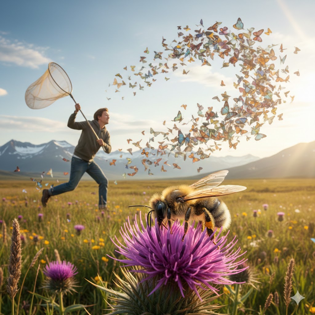 man chasing butterflies with bee on flower in the foreground