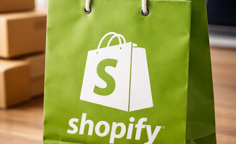 Shopify bag on wooden surface